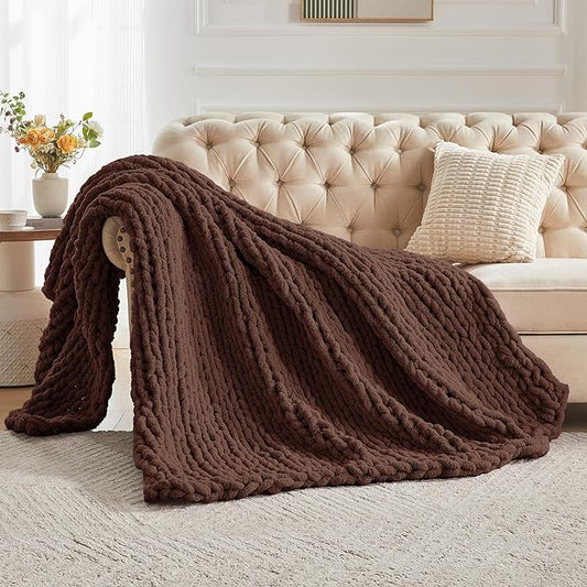 Carriediosa Chunky Knit Throw Blanket 60" X 80" Twin, 100% Hand Made Large Chenille Loop Yarn Soft Fluffy Throws for Couch Sofa Bed, Big Crochet Cozy Heavy Thick Cable Woven Blanket, Cocoa Brown