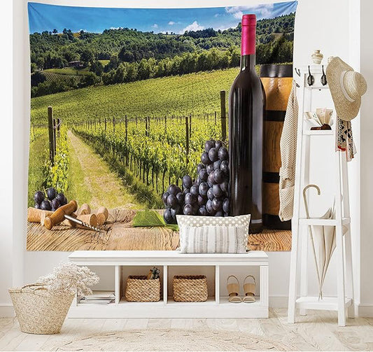 Ambesonne Winery Tapestry King Size, Red Wine Bottles with Grapes on Timber Board Tuscany Italian Terrace Scenery, Wall Hanging Bedspread Bed Cover Wall Decor, 104" X 88", Green Blue Brown