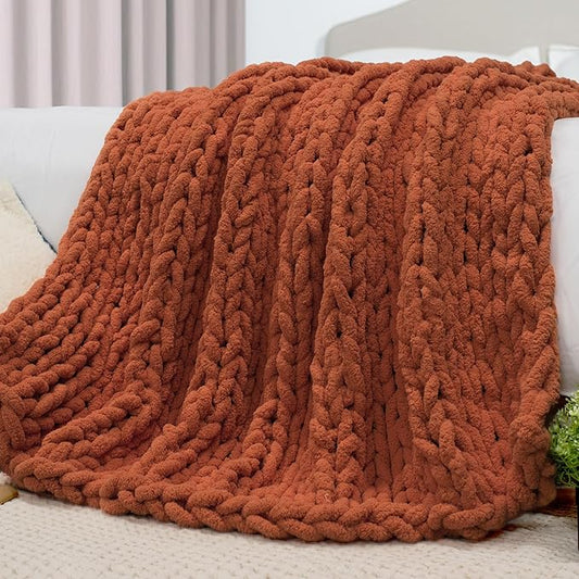 Carriediosa Chunky Knit Throw Blanket 50" X 60", 100% Hand Made Large Chenille Loop Yarn Soft Fluffy Throws for Couch Sofa Bed, Big Crochet Cozy Heavy Thick Cable Woven Blankets, Rust