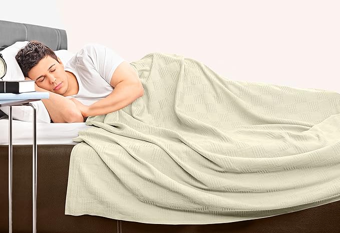 Utopia Bedding Ivory 100% Cotton Blanket [Twin Size - 90x72 Inch] 350GSM Lightweight, Soft and Breathable Thermal Blanket for All Seasons