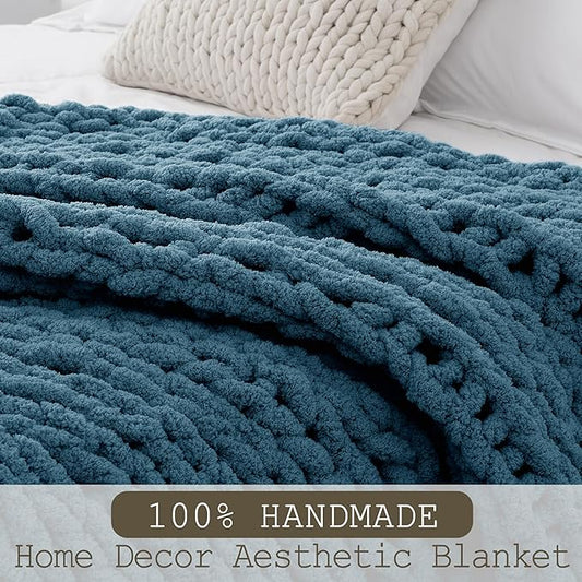 Chunky Knit Throw Blanket 50"X 60", 100% Handmade with Soft Chenille Yarn, 4.4lbs Thick Cable Knitted Blankets, Large Rope Knot Crochet Throws for Couch Sofa Bed Home Decor, Mineral Blue