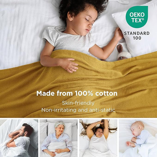 Bedsure 100% Cotton Blanket Queen Size for Bed - Breathable and Lightweight, Soft Cozy Textured Herringbone Woven Blanket for Summer Spring, Yellow, 90x90 inches