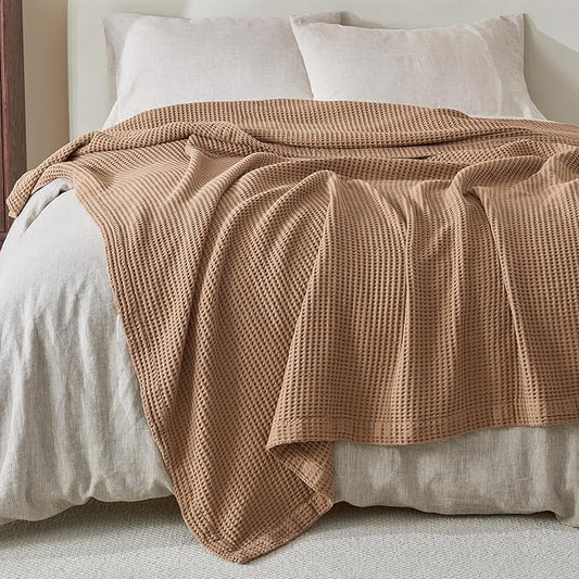 100% Cotton King Size Bed Blanket - Taupe Waffle Weave Lightweight Summer Layering Blanket - 102x90in Prewashed Breathable, Woven