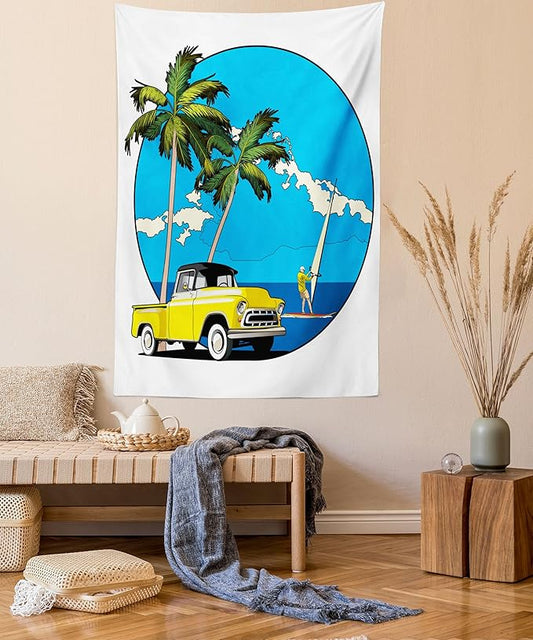 Ambesonne Retro Tapestry Queen Size, Graphic Design Nostalgic Chevy Car a Sailer Guy in the Ocean Palms Vivid Sky Seaside, Wall Hanging Bedspread Bed Cover Wall Decor, 88" X 88", White Blue