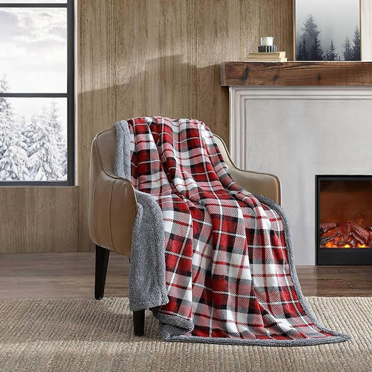 Eddie Bauer - Throw Blanket, Reversible Sherpa Plush Bedding, Plaid Home Decor, Oeko-Tex Certified (Parkwood Plaid Red, Throw)