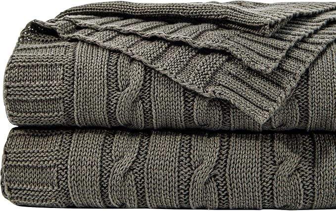 NTBAY 100% Pure Cotton Twin (60x80) Cable Knit Throw Blanket, Super Soft Warm Knitted Blanket for Bed, Sofa, Chair, Couch - Extra Cozy, Machine Washable, Comfortable Home Decor, Grey