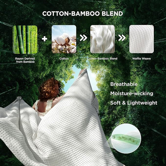 Bedsure Cooling Cotton Waffle Queen Size Blanket - Lightweight Breathable Summer Blanket of Rayon Derived from Bamboo for Hot Sleepers, Luxury Throws for Bed, Couch and Sofa, Ivory, 90x90 Inches
