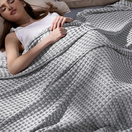 Bedsure Cooling Cotton Waffle Queen Size Blanket - Lightweight Breathable Summer Blanket of Rayon Derived from Bamboo for Hot Sleepers, Luxury Throws for Bed, Couch and Sofa, Grey, 90x90 Inches