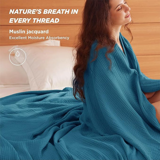 Bedsure 100% Cotton Muslin Blanket Queen Size for Bed - 4-Layer Breathable and Lightweight Thin Soft Gauze Muslin Blanket for Summer, Teal, 90x90 Inches