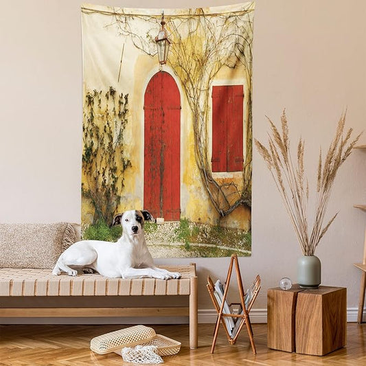 Ambesonne Shutters Tapestry, Doorway with Blinded Door and Window to the Rural Tuscan House Italy Art, Wall Hanging for Bedroom Living Room Dorm Decor, 60" X 80", Yellow Beige Red