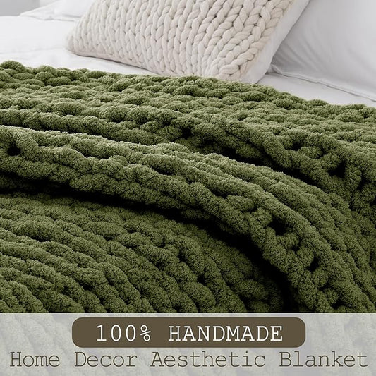 Chunky Knit Throw Blanket 50"X 60", 100% Handmade with Soft Chenille Yarn, 4.4lbs Thick Cable Knitted Blankets, Large Rope Knot Crochet Throws for Couch Sofa Bed Home Decor, Olive Green