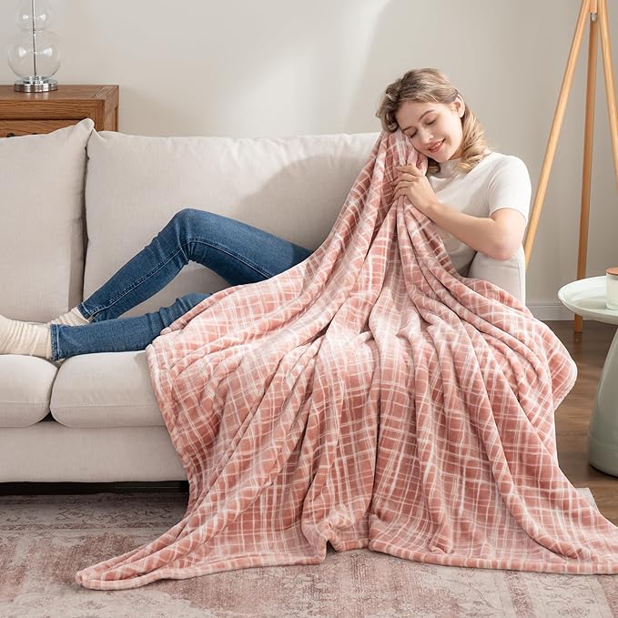 Berkshire Blanket-Classic Heavyweight Soft Printed VelvetLoft® Plush Throw Blanket, Cozy and Fuzzy, Watercolor Plaid Blush, 50in x 70in