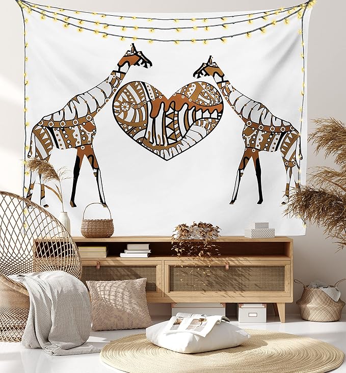 Ambesonne African Tapestry King Size, Soul Mate Giraffes Illustration with a Giant Heart Love in Nature Bohemian Print, Wall Hanging Bedspread Bed Cover Wall Decor, 104" X 88", Brown White