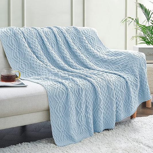 Aormenzy Light Blue Cable Knit Throw Blanket, Soft & Warm Knitted Blanket Throw for Couch Bed Sofa Living Room, 50 x 60 inch