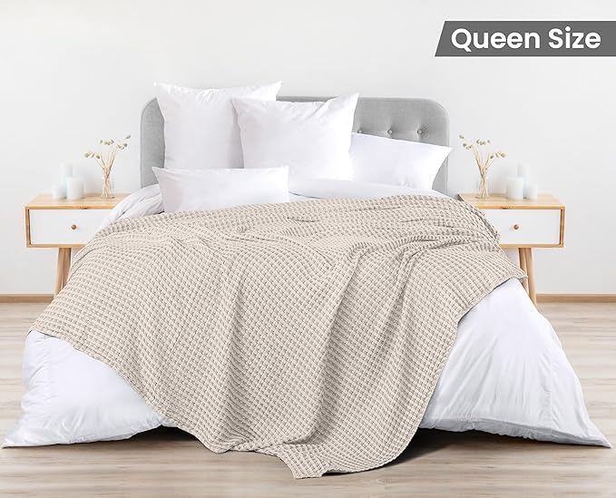 Utopia Bedding Khaki 100% Cotton Waffle Blanket 300 GSM [Queen - 90x90 Inch] Soft Lightweight Breathable Bed Blanket for All Season