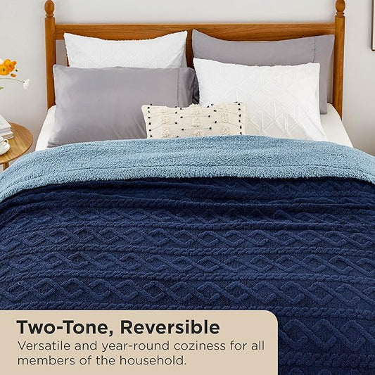 Bedsure Sherpa King Size Blanket for Bed- Fleece Soft Cozy Fuzzy Cable Blankets for Women, Thick Warm for Winter and All Seasons, Navy, 108x90 Inches