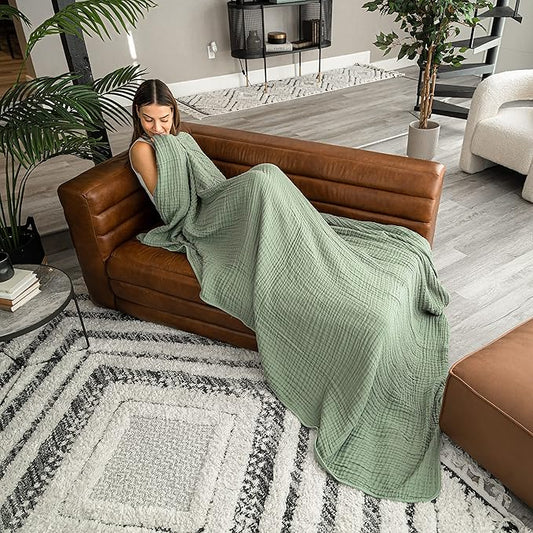 Comfy Cubs Muslin Throw Blanket - 50” x 60” Quilted Design - Lightweight, Breathable 6-Layer Gauze Fabric - Soft Cotton Blanket for Home or Travel - Packaged in Elegant Gift Box - Sage