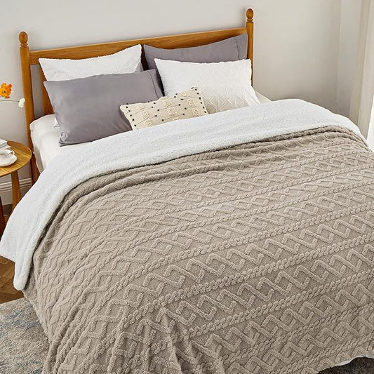 Bedsure Sherpa Queen Size Blanket for Bed - Fleece Soft Cozy Fuzzy Cable Blankets for Women, Thick Warm for Winter and All Seasons, Beige, 90x90 Inches