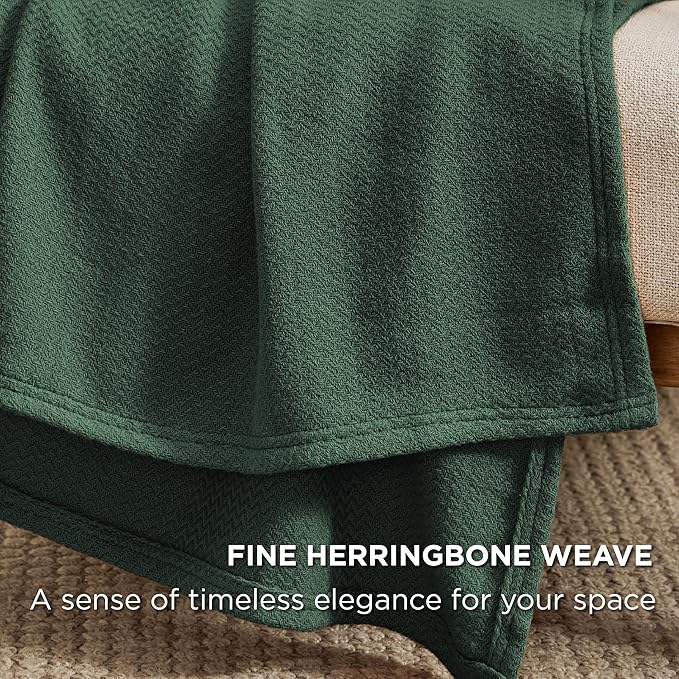 Bedsure 100% Cotton Blanket Queen Size for Bed - Breathable and Lightweight, Soft Cozy Textured Herringbone Woven Blanket for Summer Spring, Dark Green, 90x90 inches