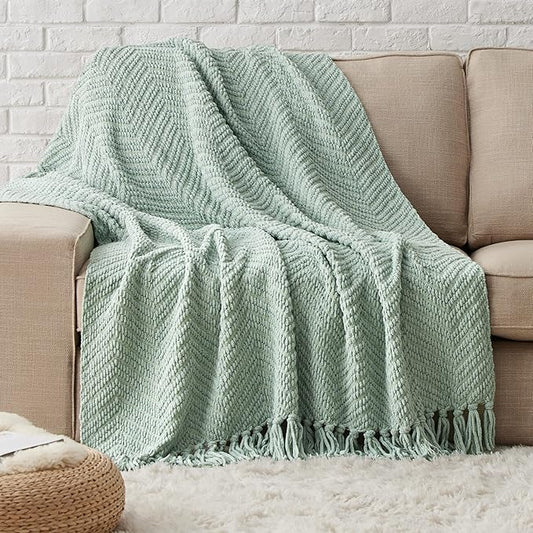 Bedsure Sage Green Throw Blanket for Couch – Versatile Knit Woven Chenille Blanket for Chair, Super Soft, Warm & Decorative Blanket with Tassels for Bed, Sofa and Living Room (Sage Green, Throw)