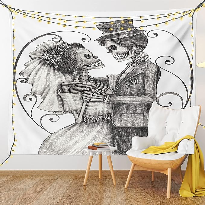 Ambesonne Day of the Dead Tapestry, Love Skull Skeleton Marriage Eternal Love Theme Spanish Art, Wall Hanging for Bedroom Living Room Dorm Decor, 60" X 80", Dimgrey White