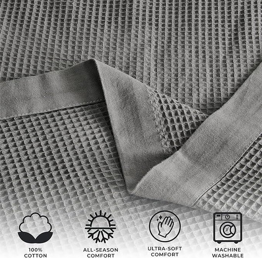 Great Bay Home 100% Cotton Blanket for Twin Size Bed | Lightweight and Breathable Waffle Weave Blankets for Summer & Spring | Versatile, Layering Grey Bed Blanket, Light Grey, 90x66 inches
