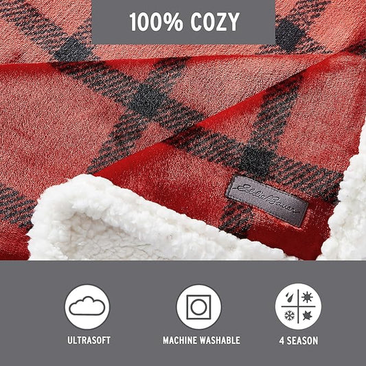 Eddie Bauer - Throw Blanket, Super Soft Reversible Sherpa Fleece Bedding, Ideal Christmas & White Elephant Gifts, Cozy Plaid Throw Blankets for Couch (Bunkhouse Plaid Red, Throw)
