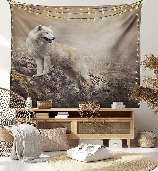 Ambesonne Animal Tapestry Queen Size, White Wolf on Rocks at The Night Misty Weather Wildlife Nature Scenery Print, Wall Hanging Bedspread Bed Cover Wall Decor, Queen Size, Warm Taupe