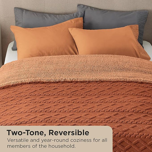 Bedsure Sherpa Queen Size Blanket for Bed - Fleece Soft Cozy Fuzzy Cable Blankets for Women, Thick Warm for Winter and All Seasons, Orange, 90x90 Inches