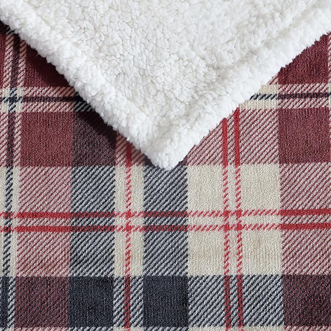 Eddie Bauer - Blanket, Super Soft Reversible Sherpa & Brushed Fleece Bedding, Throw Blankets for Couch, Ideal for Lounging (Trailhead Plaid Red)