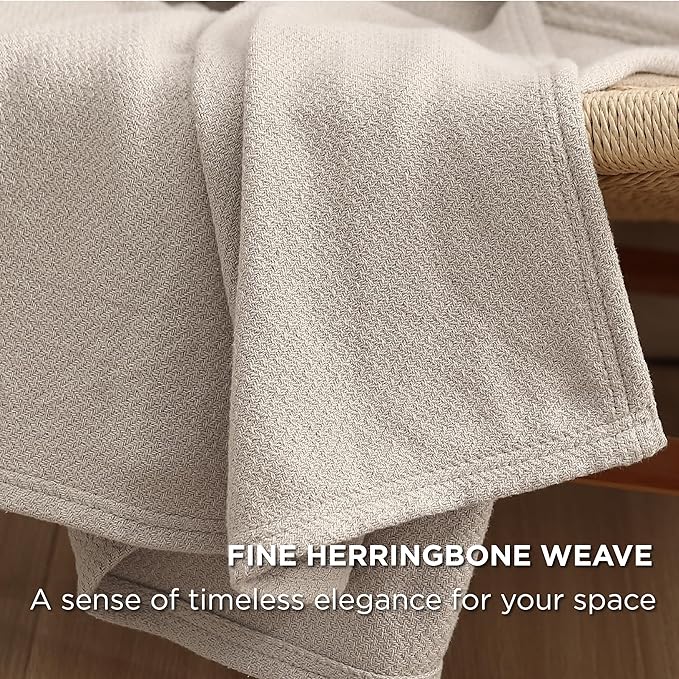 Bedsure 100% Cotton Blanket King Size for Bed - Breathable and Lightweight, Soft Cozy Textured Herringbone Woven Blanket for Summer Spring, Linen Beige, 108x90 inches