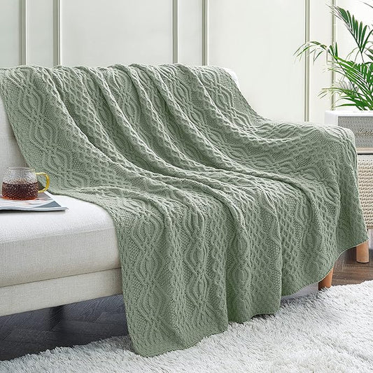 Aormenzy Sage Green Cable Knit Throw Blanket, Soft & Warm Knitted Blanket Oversized for Couch Bed Sofa Living Room, 60 x 80 inch