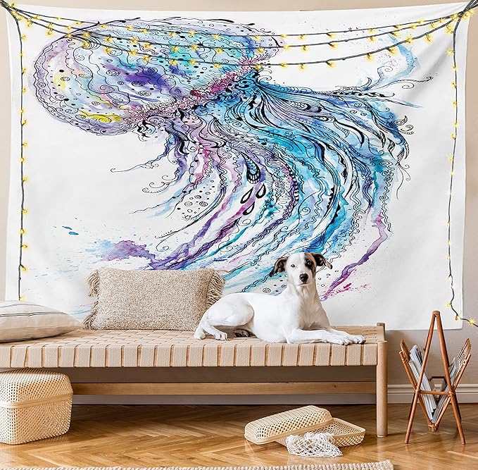Ambesonne Jellyfish Tapestry, Aqua Colors Art Ocean Animal Print Sketch Style Creative Sea Marine Theme, Wide Wall Hanging for Bedroom Living Room Dorm, 80" X 60", Blue Purple White