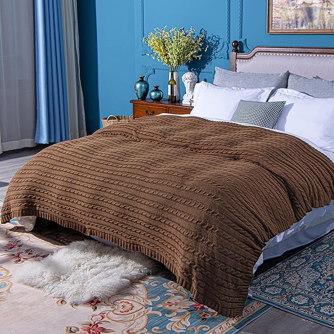 NTBAY 100% Pure Cotton Oversize (60x80) Cable Knit Throw Blanket, Super Soft Warm Knitted Throw Blanket for Bed, Sofa, Chair, Couch - Extra Cozy, Machine Washable, Comfortable Home Decor, Brown