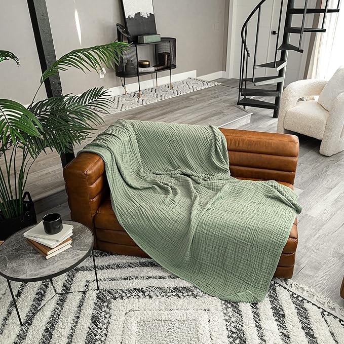 Comfy Cubs Muslin Throw Blanket - 50” x 60” Quilted Design - Lightweight, Breathable 6-Layer Gauze Fabric - Soft Cotton Blanket for Home or Travel - Packaged in Elegant Gift Box - Sage