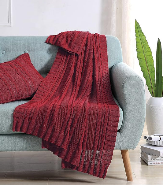 VCNY Home | Dublin Collection | Throw Blanket - 100% Cotton in Cable Knit Weave, Ultra Plush, Luxuriously Warm - for Bed, Couch, or Chair, Throw, Red 50x70