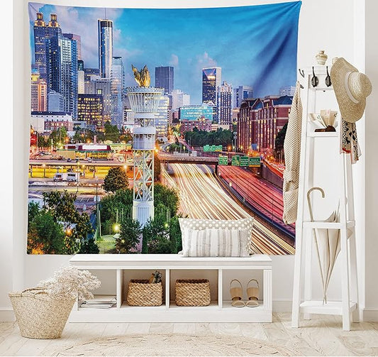 Ambesonne United States Tapestry, Atlanta Georgia Urban Busy Town with Skyscrapers City Landscape, Wide Wall Hanging for Bedroom Living Room Dorm, 60" X 40", Pale Blue Yellow Coral