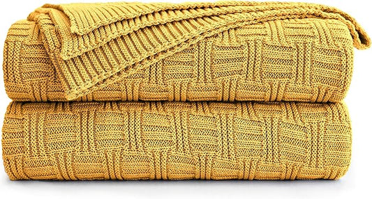 100% Cotton Navy Blue Cable Knit Throw Blanket with Bonus Laundering Bag - Large Thick, 2.5 Pounds,Extra Cozy, Machine Washable, Comfortable Home Decor (Mustard Yellow Stripe Pattern, 60"x80")