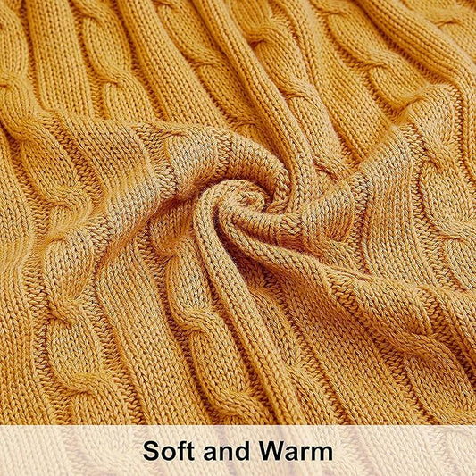 NTBAY 100% Pure Cotton Cable Knit Throw Blanket, Super Soft Warm 51x67 Knitted Throw Blanket for Couch, Sofa, Chair, Bed - Extra Cozy, Machine Washable, Comfortable Home Decor, Ginger Yellow
