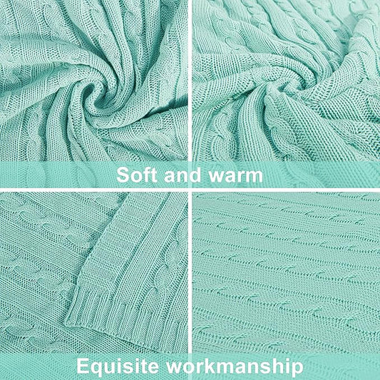NTBAY 100% Pure Cotton Cable Knit Throw Blanket, Super Soft Warm 51x67 Knitted Throw Blanket for Couch, Sofa, Chair, Bed - Extra Cozy, Machine Washable, Comfortable Home Decor, Mint