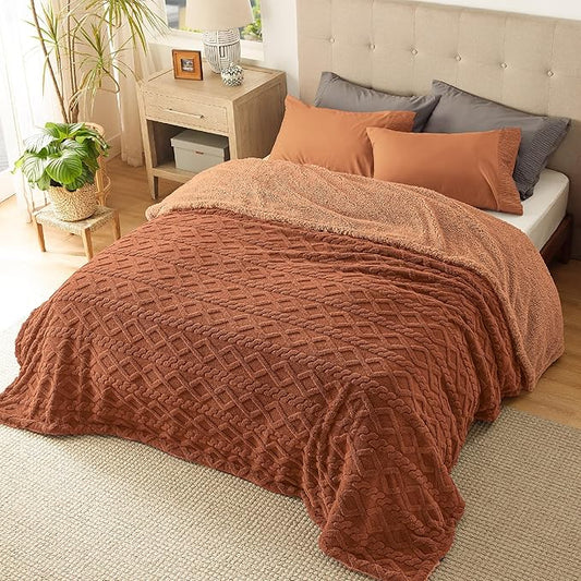 Bedsure Sherpa Queen Size Blanket for Bed - Fleece Soft Cozy Fuzzy Cable Blankets for Women, Thick Warm for Winter and All Seasons, Orange, 90x90 Inches