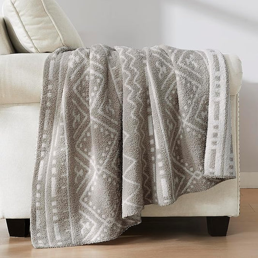 R.SHARE Boho Throw Blanket 50x70 Inch Reversible, Feather Knit Grey Microfiber Soft Comfy Cozy Lightweight Fluffy Fuzzy Warm Cute for Couch Sofa Chair Bed Home