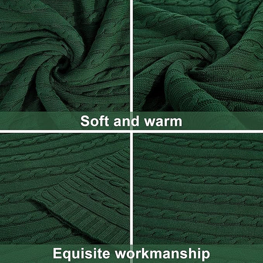 NTBAY 100% Pure Cotton Cable Knit Throw Blanket, Super Soft Warm 51x67 Knitted Throw Blanket for Couch, Sofa, Chair, Bed - Extra Cozy, Machine Washable, Comfortable Home Decor, Dark Green