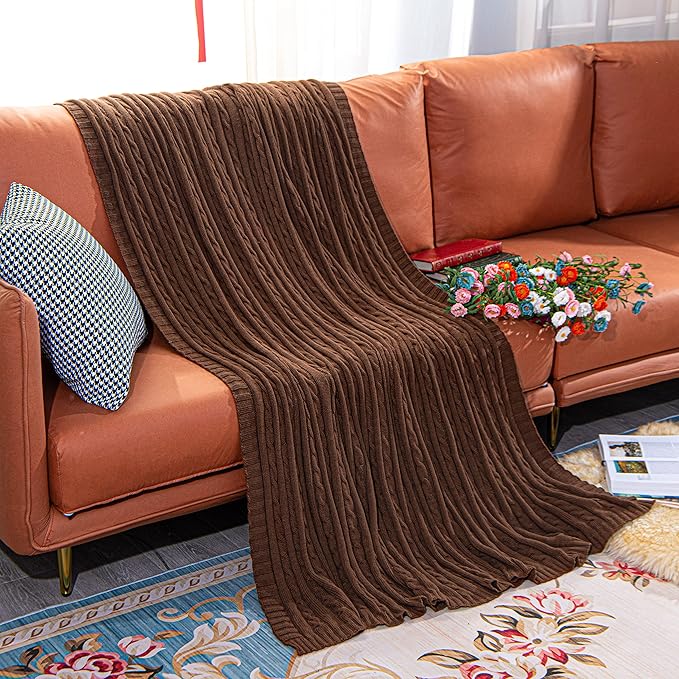 NTBAY 100% Pure Cotton Cable Knit Throw Blanket, Super Soft Warm 51x67 Knitted Throw Blanket for Couch, Sofa, Chair, Bed - Extra Cozy, Machine Washable, Comfortable Home Decor, Brown