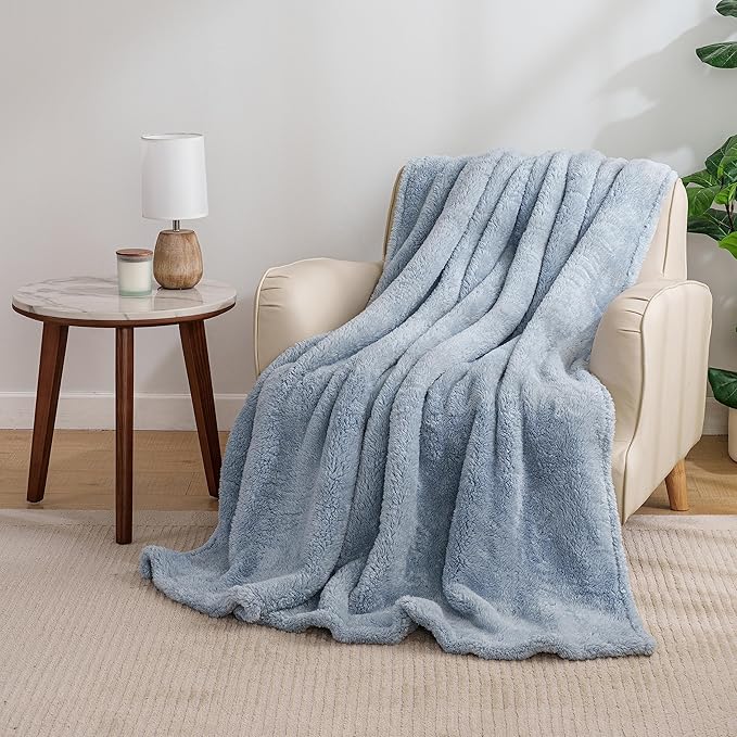 Berkshire Blanket Classic Extra-Fluffy™ Plush Throw Blanket, Soft Fuzzy Fluffy Long Hair Throw Blanket for Couch Sofa Bed, Blue Mist, 50x60 Inches