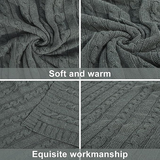 NTBAY 100% Pure Cotton Cable Knit Throw Blanket, Super Soft Warm 51x67 Knitted Throw Blanket for Couch, Sofa, Chair, Bed - Extra Cozy, Machine Washable, Comfortable Home Decor, Grey and White