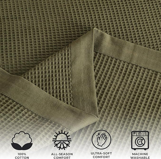 Great Bay Home 100% Cotton Blanket for Twin Size Bed | Lightweight and Breathable Waffle Weave Blankets for Summer & Spring | Versatile, Layering Dark Green Bed Blanket, Olive, 90x66 inches