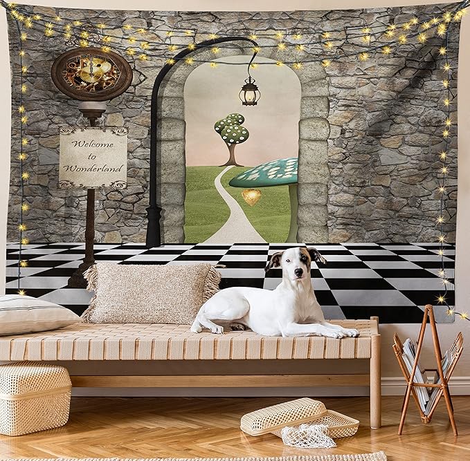 Ambesonne Alice in Wonderland Tapestry Queen Size, Welcome Wonderland Black and White Floor Landscape Mushroom Lantern, Wall Hanging Bedspread Bed Cover Wall Decor, Queen Size, Stone Black