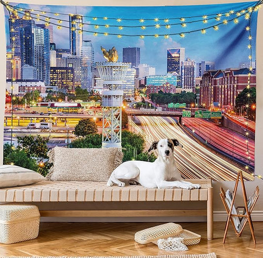 Ambesonne United States Tapestry, Atlanta Georgia Urban Busy Town with Skyscrapers City Landscape, Wide Wall Hanging for Bedroom Living Room Dorm, 60" X 40", Pale Blue Yellow Coral