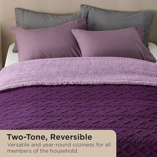 Bedsure Sherpa Queen Size Blanket for Bed - Fleece Soft Cozy Fuzzy Cable Blankets for Women, Thick Warm for Winter and All Seasons, Purple, 90x90 Inches